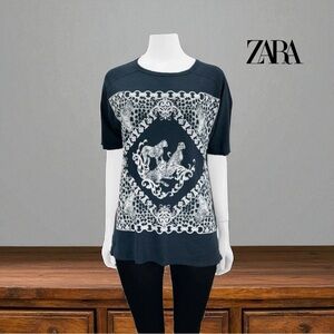 ZARA W&B Collection, Leopard Print T-Shirt, Medium, Charcoal & White